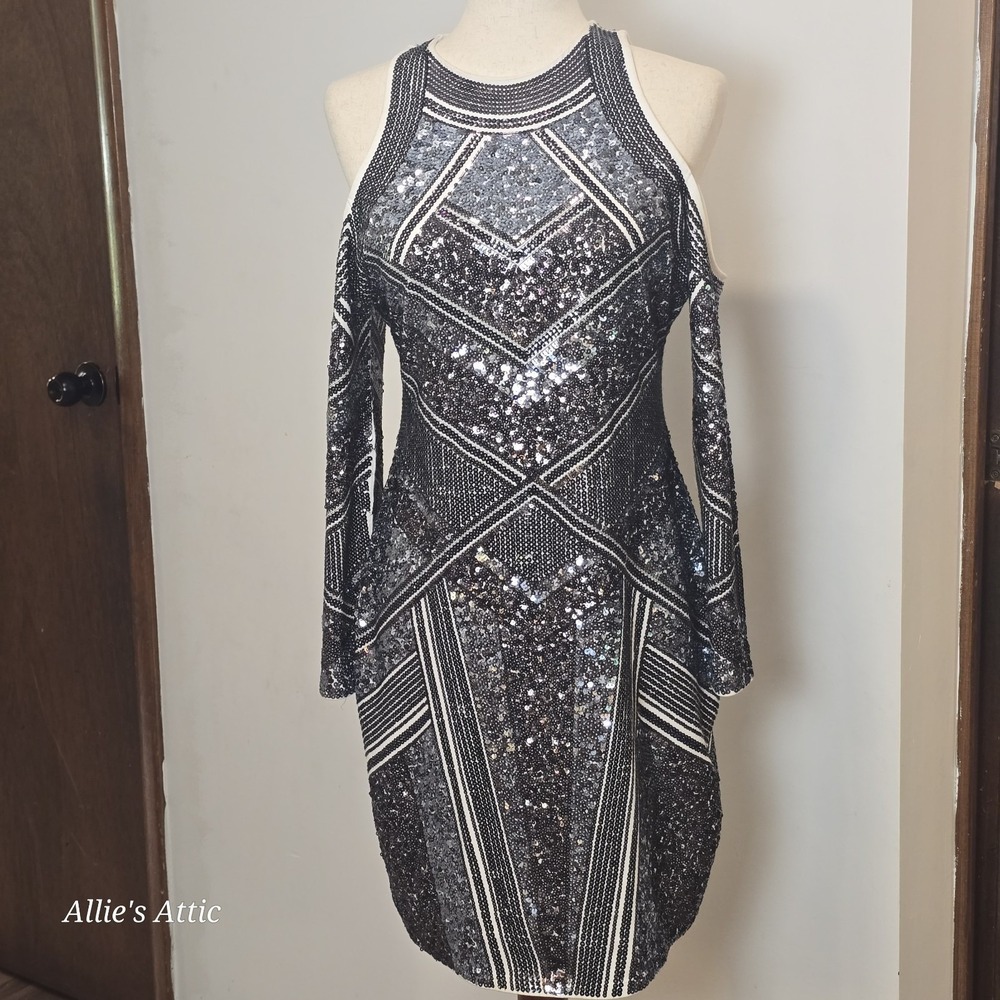Express Black Sequin Dress Silver Homecoming Prom Cocktail Long Sleeve Mini M